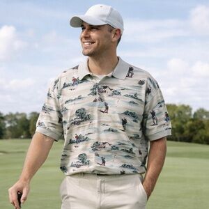 Vintage Men’s Cape Isle Knitters golf themed AOP polo shirt size XL